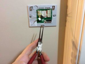 Picture of needle nose pliers being used to straighten the ends of thermostat wires before connecting them to the new wall plate terminals. 